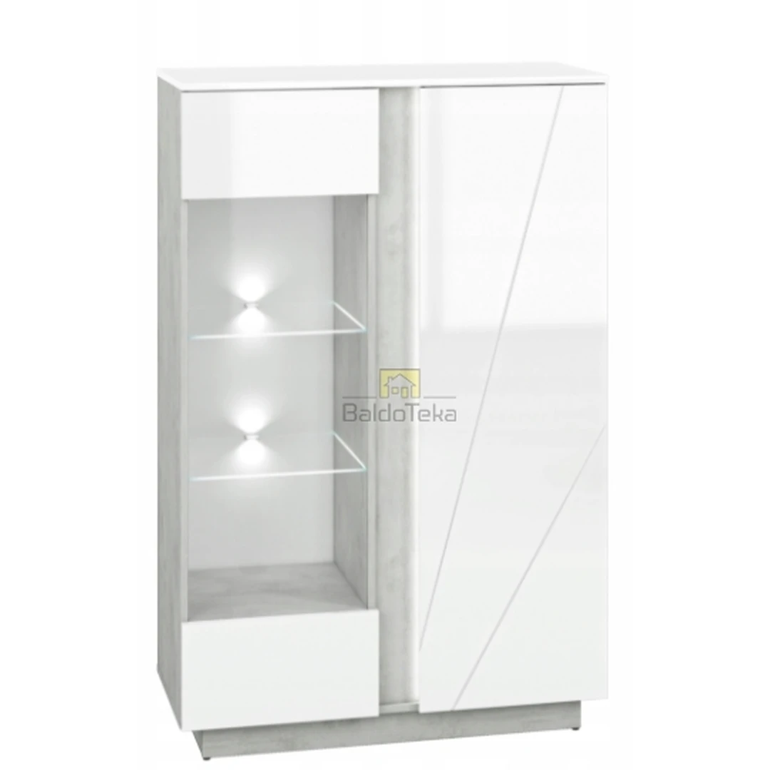 Moderni balta blizgi spinta su pilku betonu ir apšvietimu