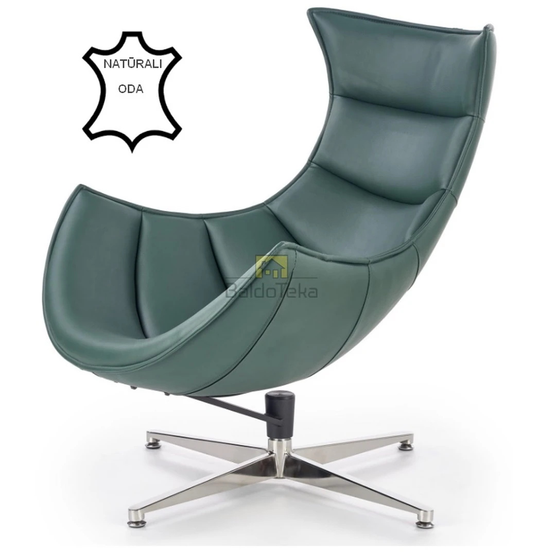 Elegantiška tamsiai žalia odinė kušetė su nerūdijančiu plienu