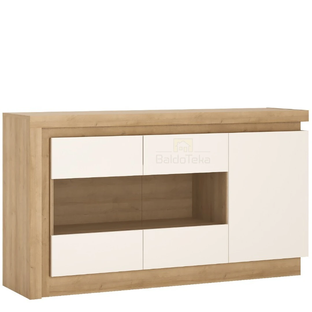 Šviesaus ąžuolo Riviera + balti blizgi spintos su išoriniu apšvietimu