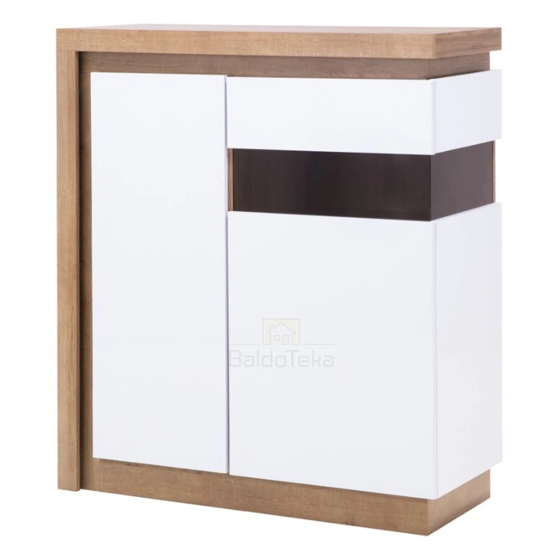 Šviesaus ąžuolo ir baltos spalvos blizgi spintos su LMDP