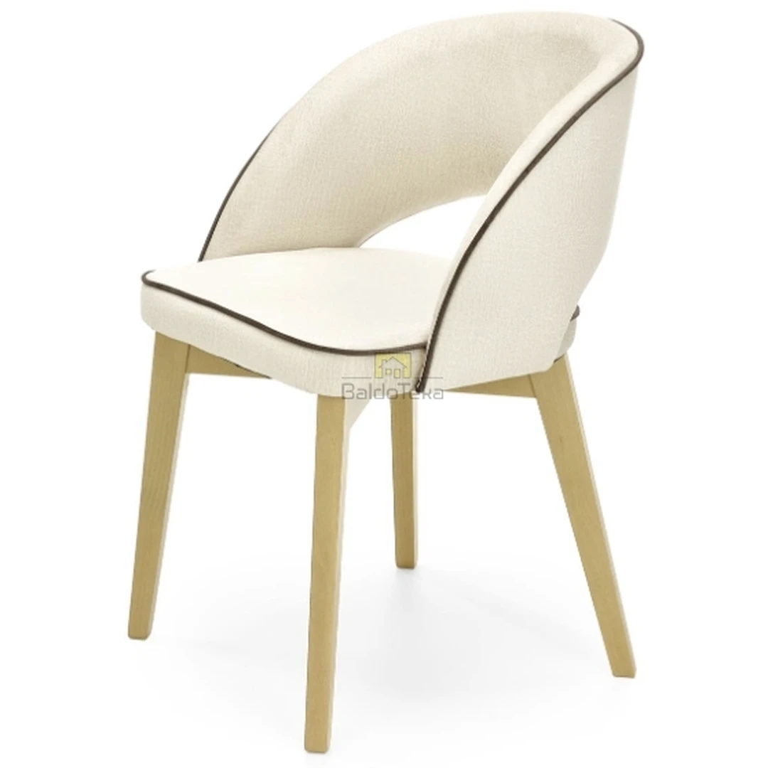 Veliūrinis kreminis fotelis su natūraliu medžiu