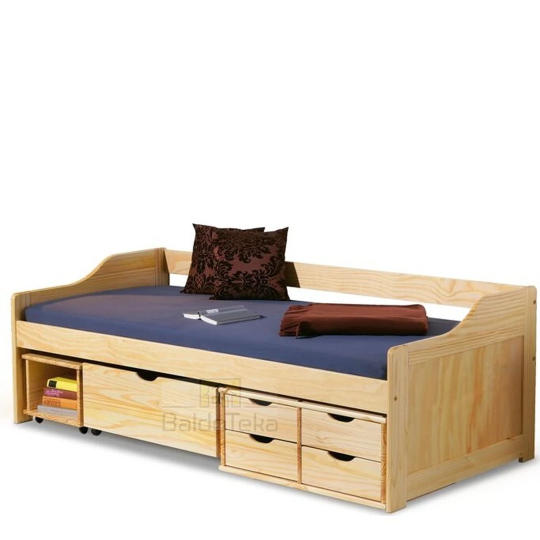 Natūralios pušies lovytės rėmas su grotelėmis ir stalčiais