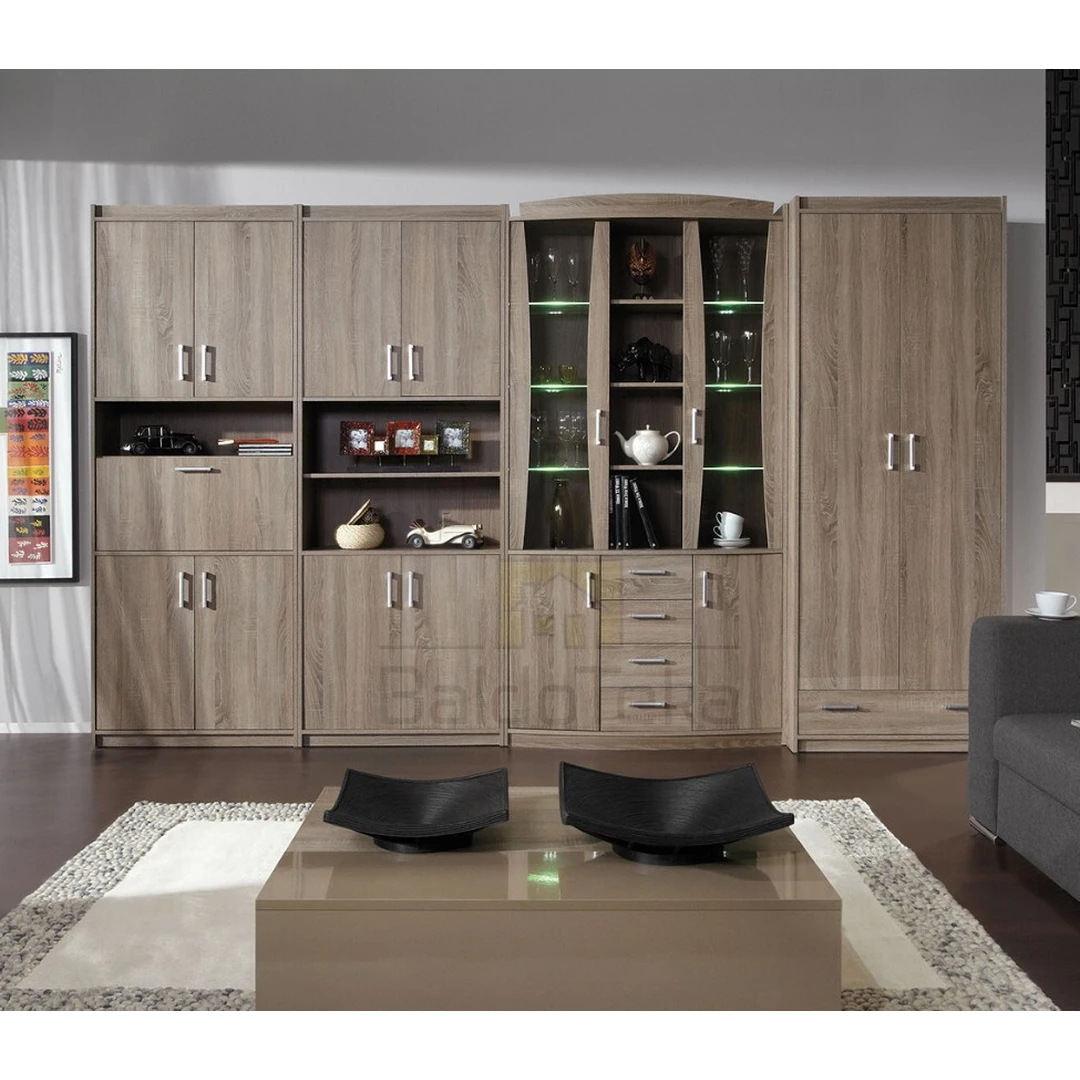 Šviesaus ąžuolo sonoma sekcija su vitrina ir spinta