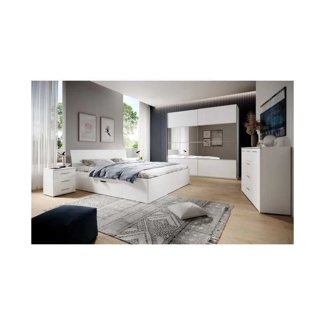 Šiuolaikiška miegamojo rinkinys su naktiniais staliukais ir spinta