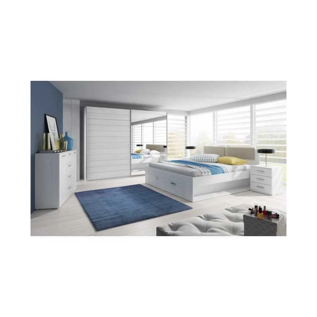 Šiuolaikiškas baldų rinkinys su naktiniu staliuku, komoda, lova ir spinta