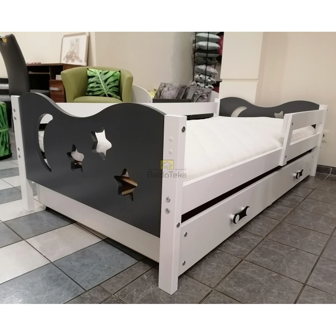 Balta ir grafit lovytė su čiužiniu ir dėže