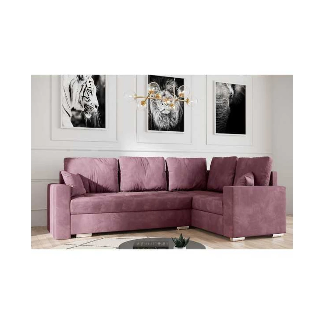 Kampinė sofė su miego funkcija ir patalynės konteineriu