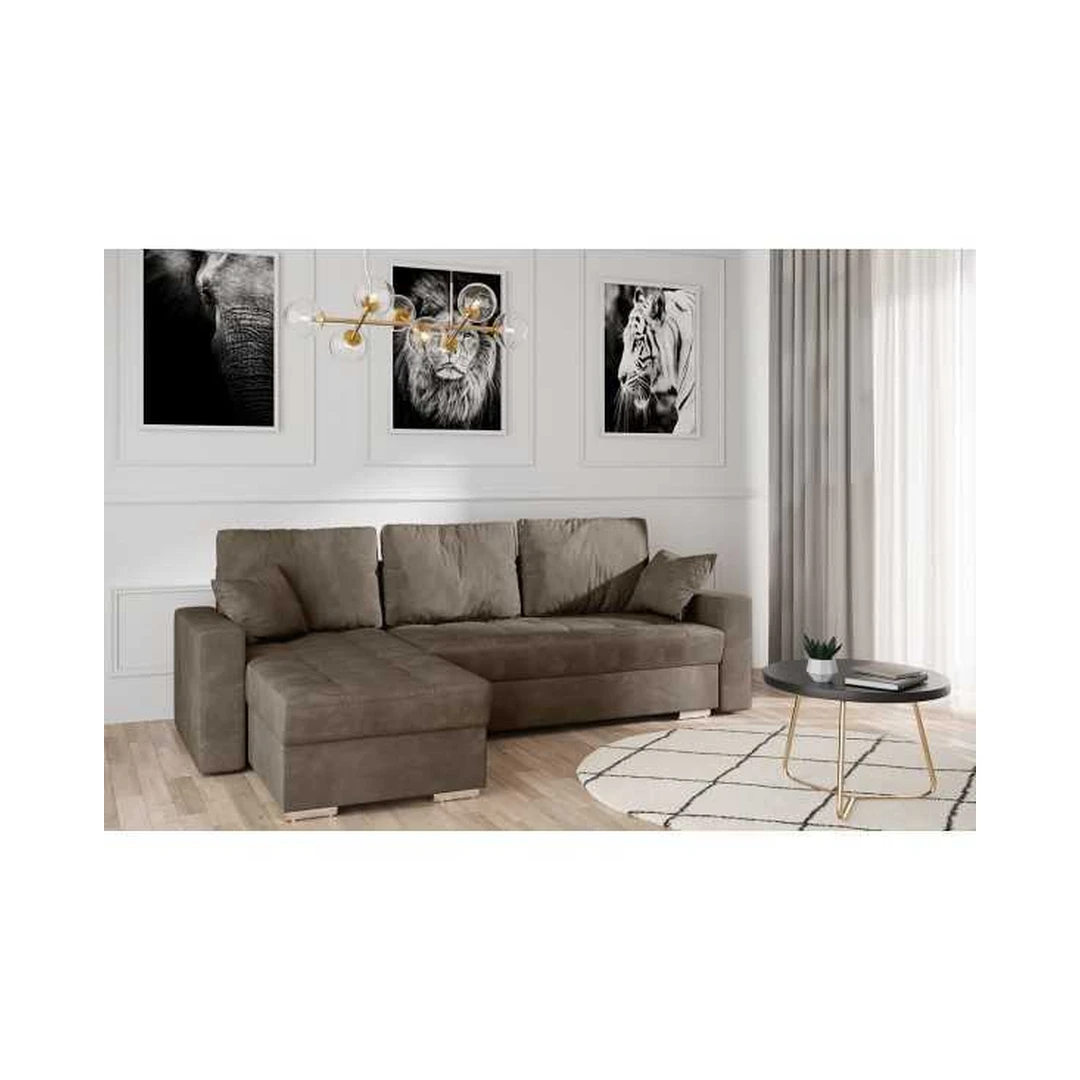 Kampinė sofė su miego funkcija ir mediniu rėmu