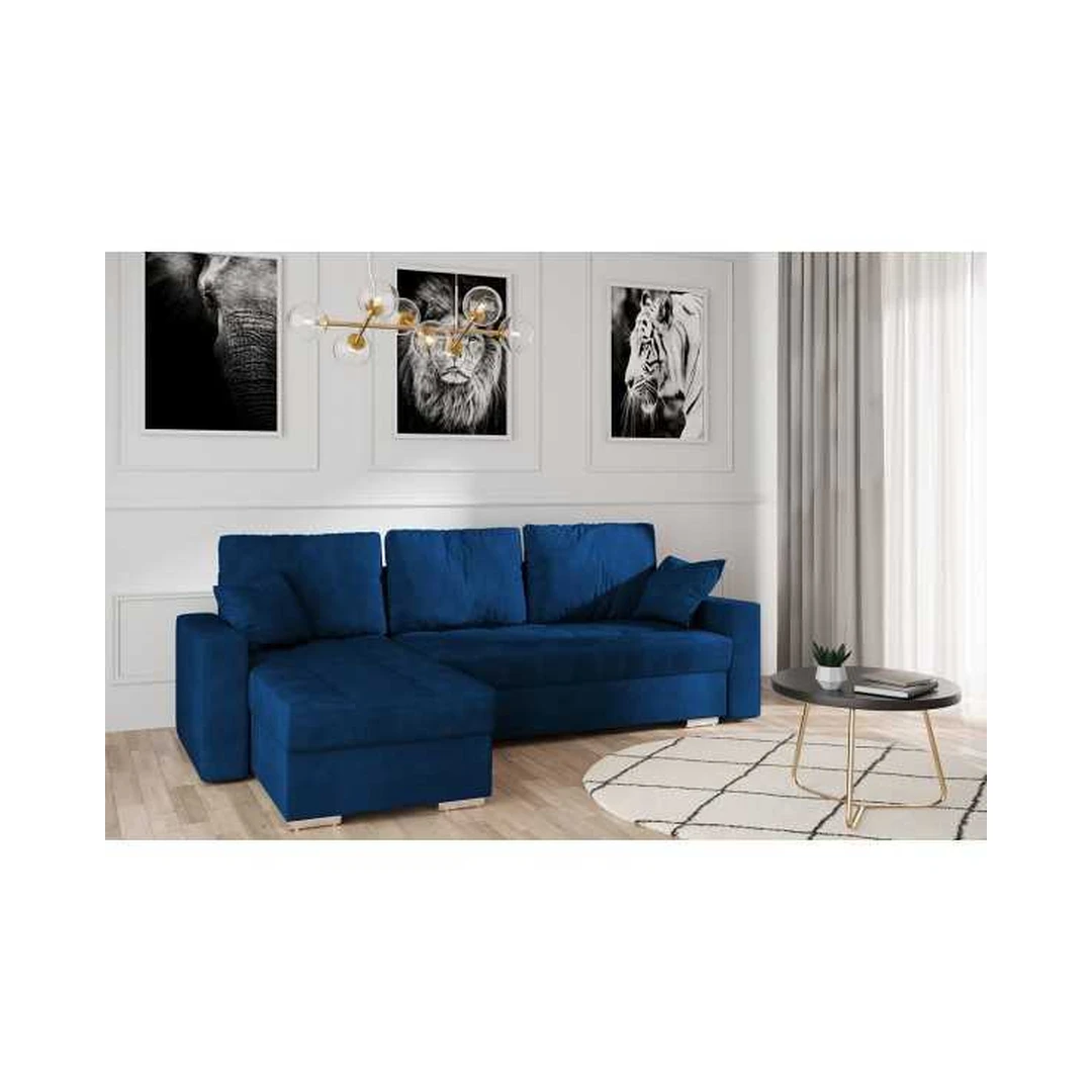 Kampinė sofė su miego funkcija ir patalynės konteineriu