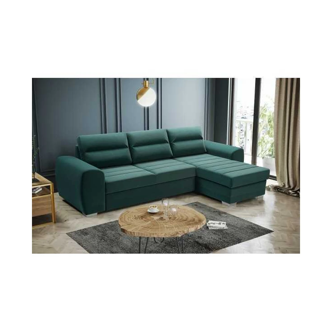 Kampinė sofa su miego funkcija ir patalynės konteineriu