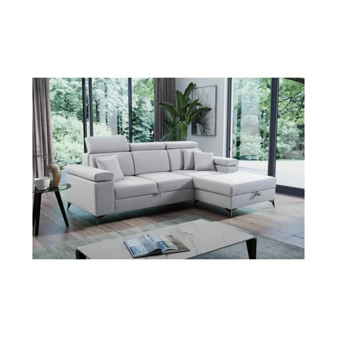 Ergonominė kampinė sofa su miego funkcija ir juodomis metalinėmis kojomis