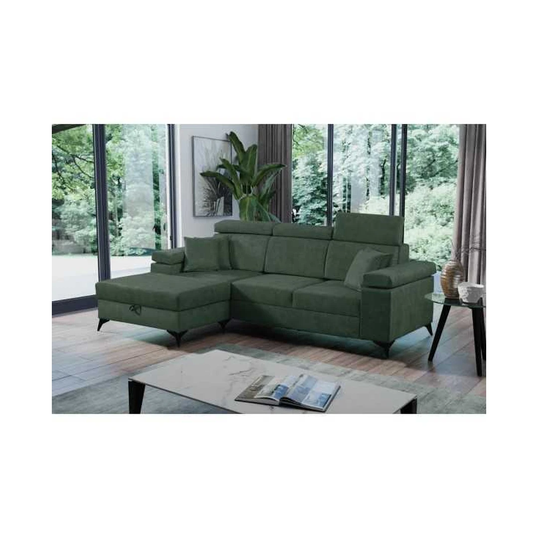 Ergonominė kampinė sofa su miego funkcija ir patalynės dėže
