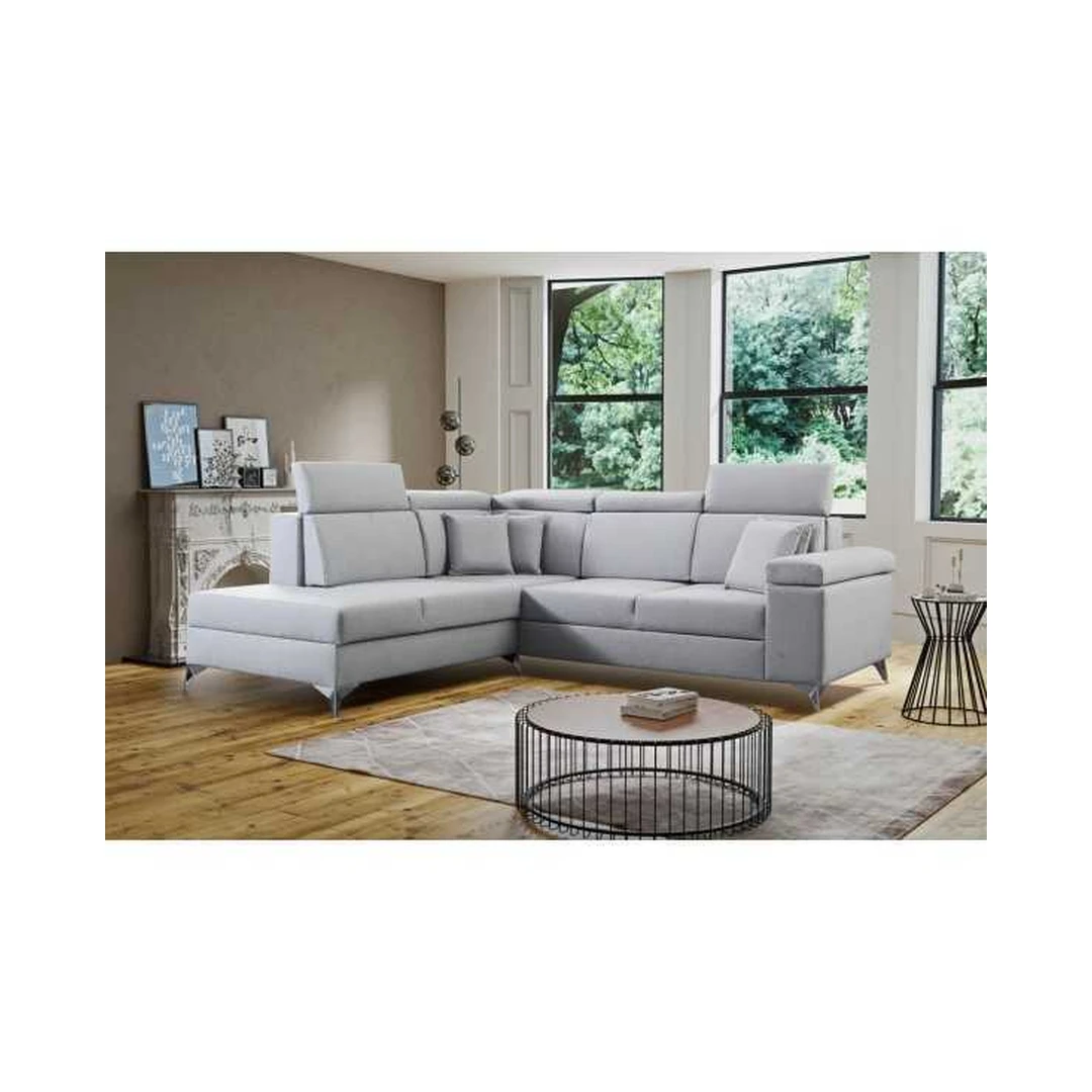 Ergonominė kampinė sofa su miego funkcija ir patalynės dėže