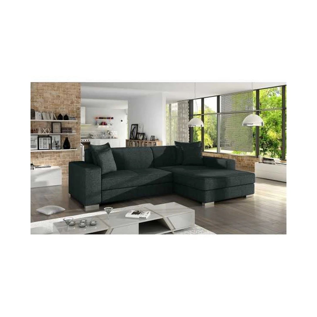 Kampinė sofė su miego funkcija ir patalynės konteineriu