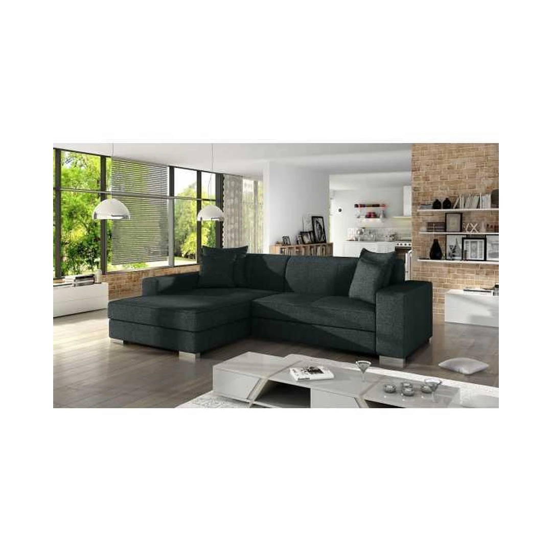 Kampinė sofė su miego funkcija ir patalynės konteineriu