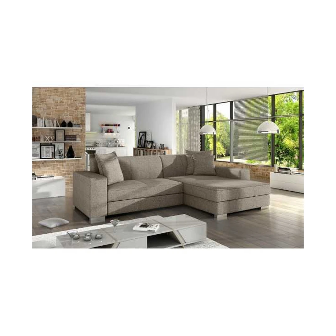 Kampinė sofė su miego funkcija ir patalynės konteineriu