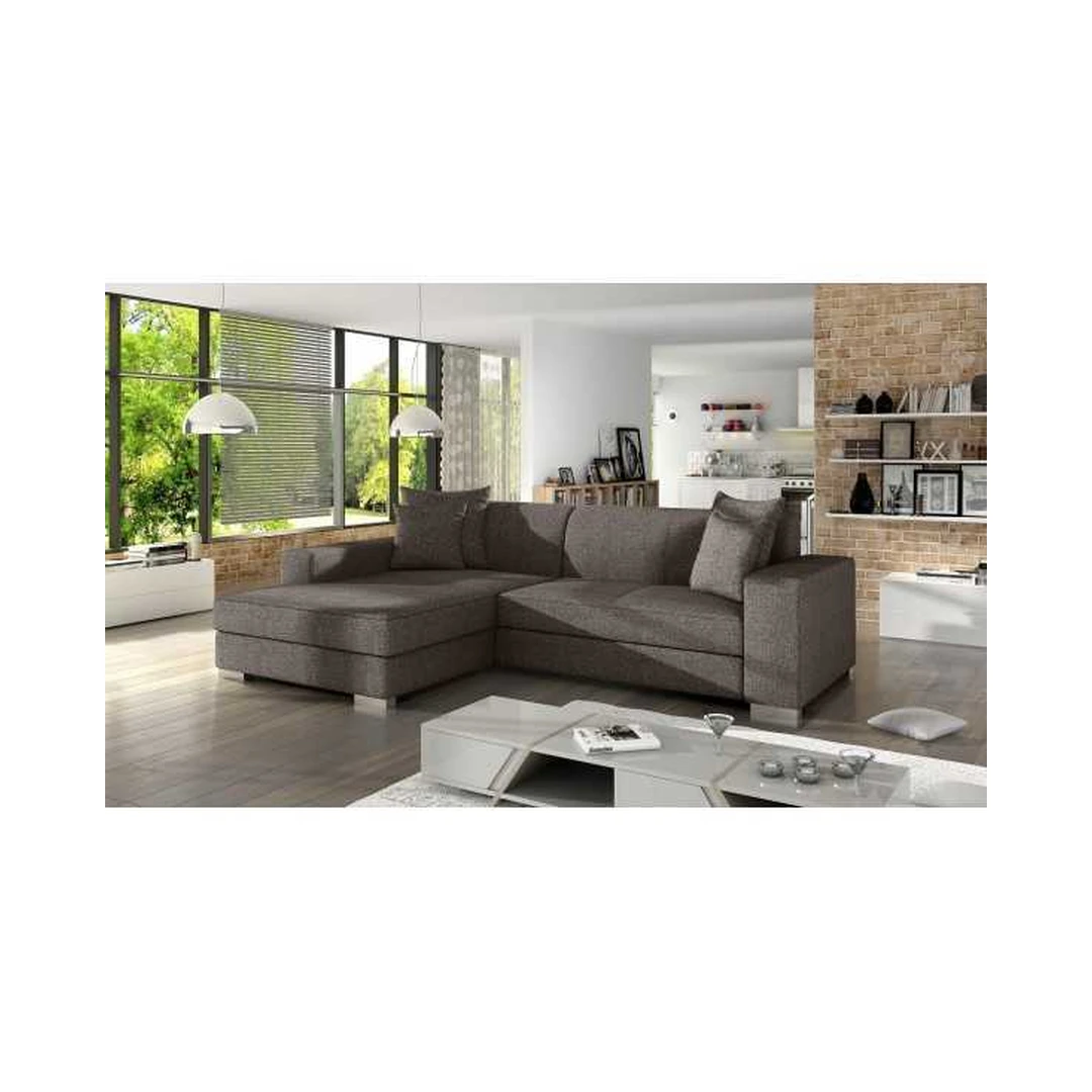 Kampinė sofė su miego funkcija ir patalynės konteineriu