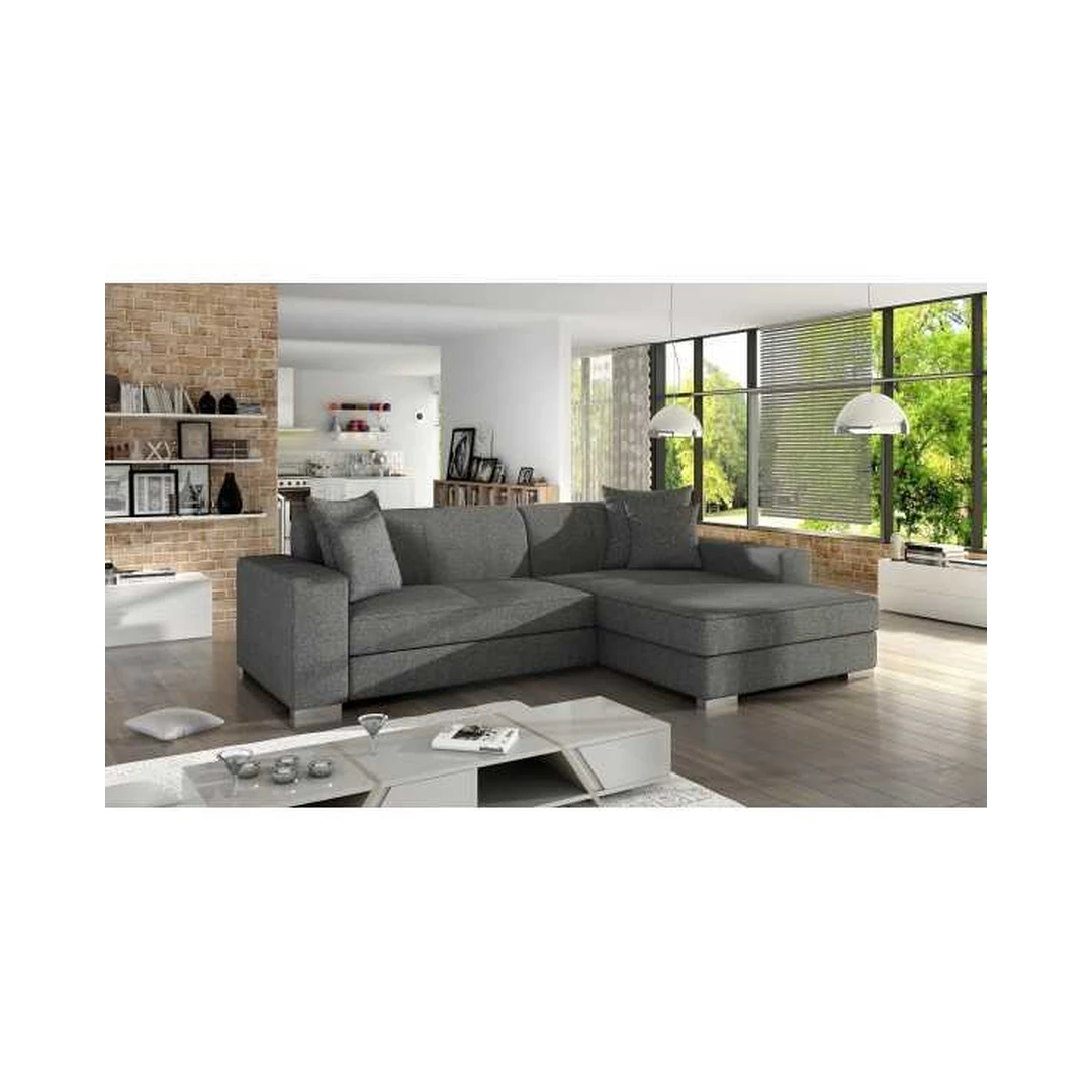 Kampinė sofė su miego funkcija ir patalynės konteineriu