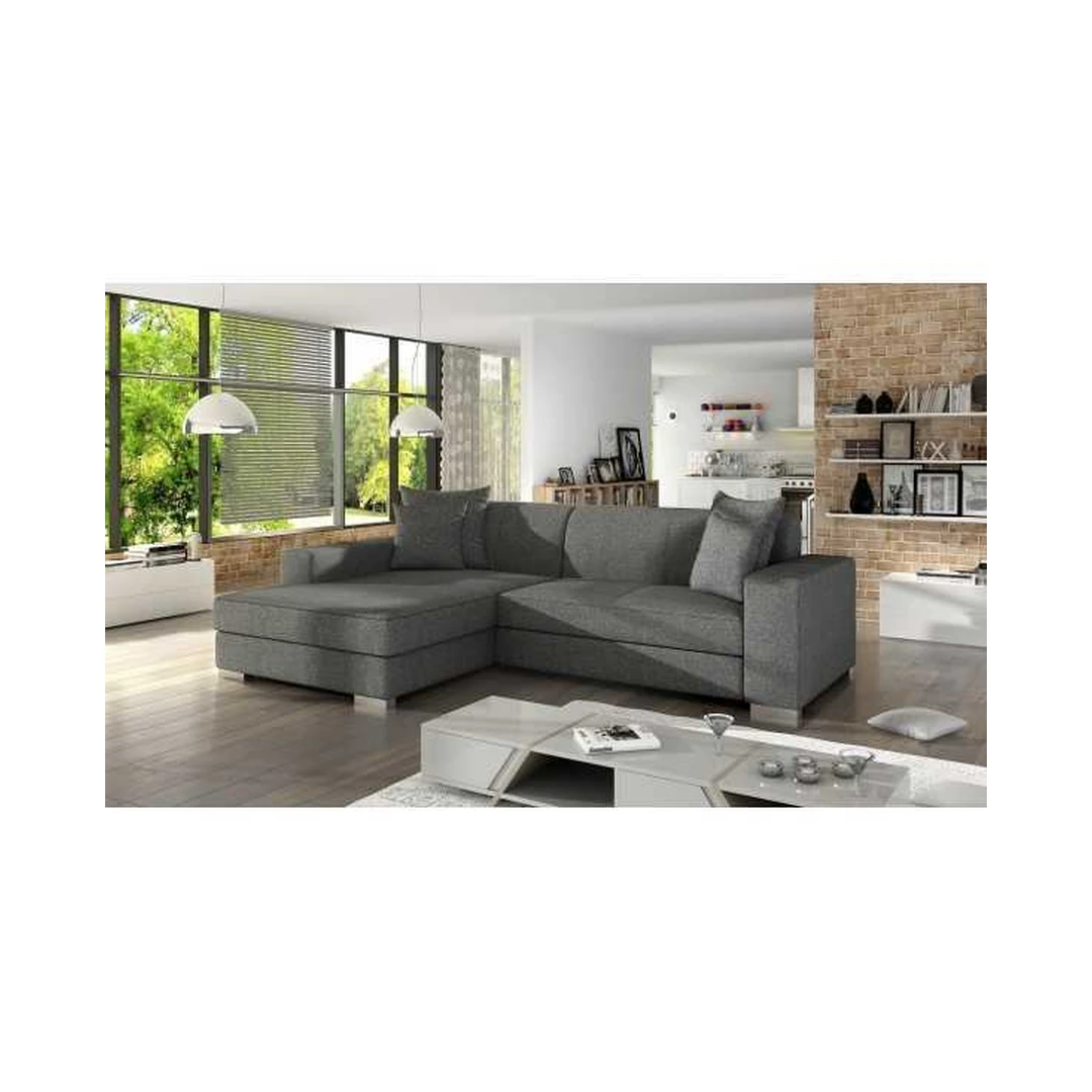 Kampinė sofė su miego funkcija ir patalynės konteineriu