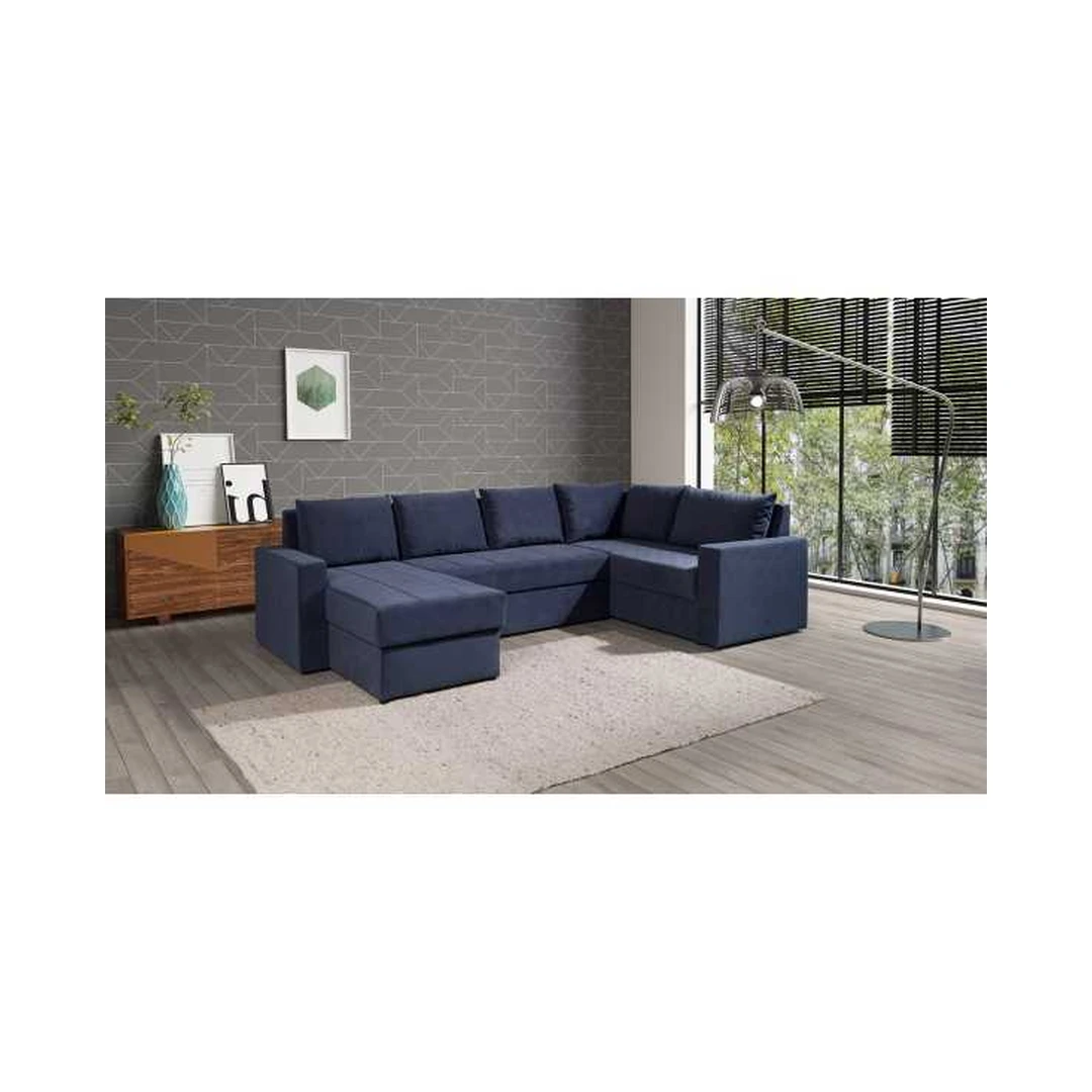 Ergonominė kampinė sofa su miego funkcija ir patalynės konteineriu