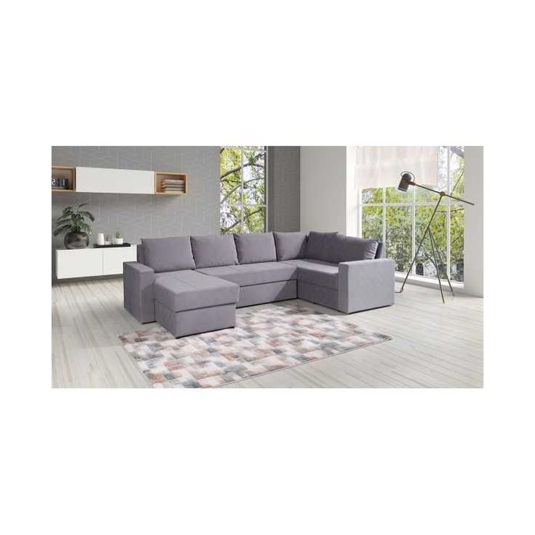 Ergonominė kampinė sofa su miego funkcija ir patalynės konteineriu