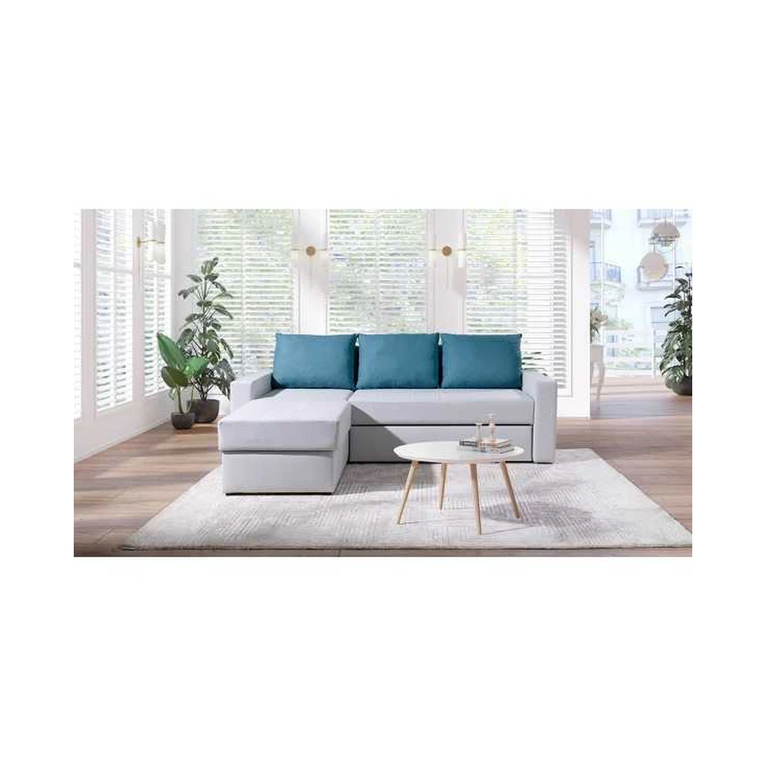 Ergonominė kampinė sofa su miego funkcija ir patogiais pagalvėmis