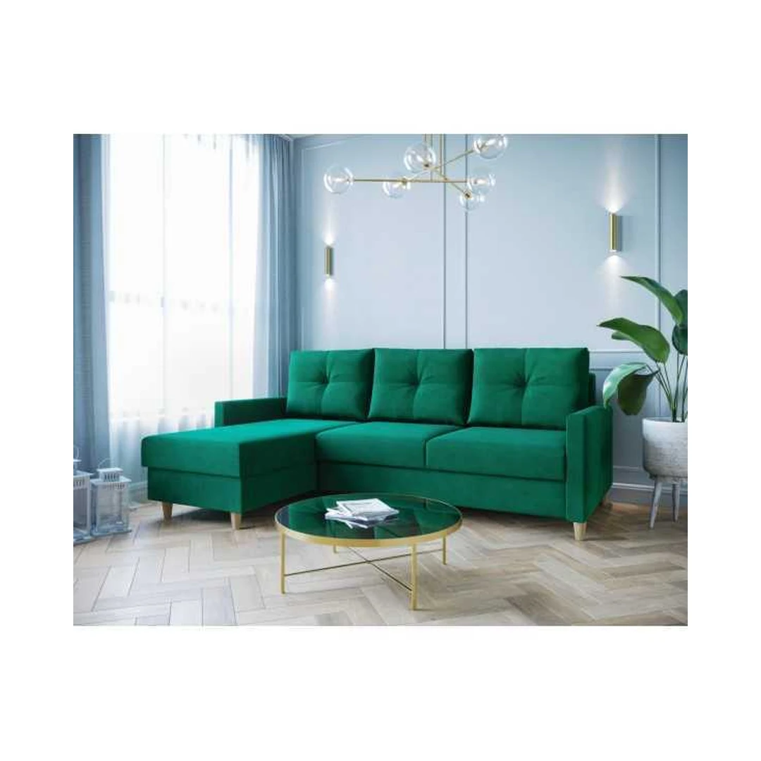 Ergonominė kampinė sofa su miego funkcija ir patogiu konteineriu