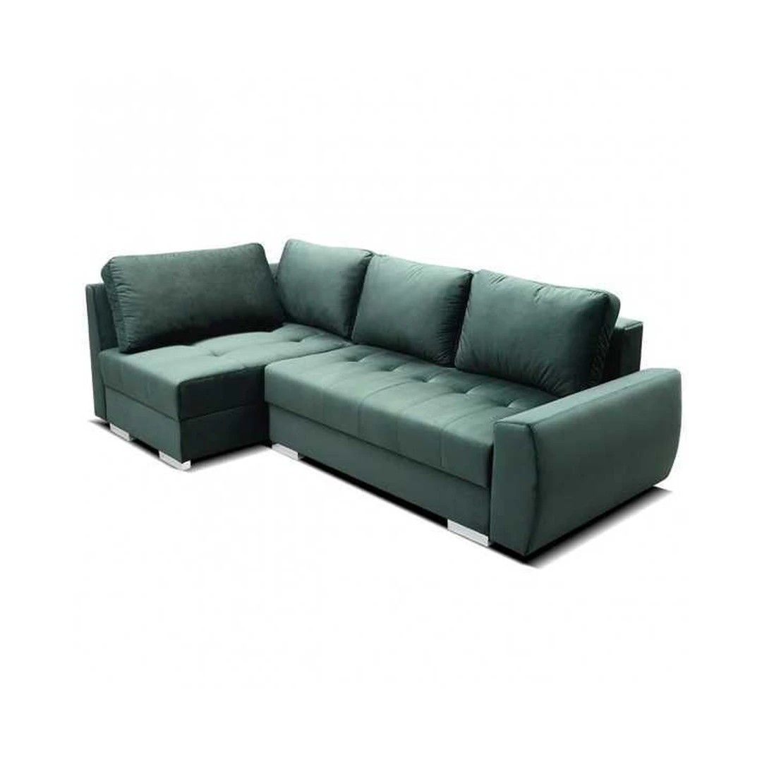 Kampinė sofos lova su miego funkcija ir patalynės konteineriu