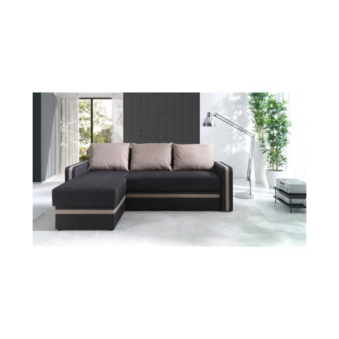 Ergonominė kampinė sofa su miego funkcija ir patalynės konteineriu