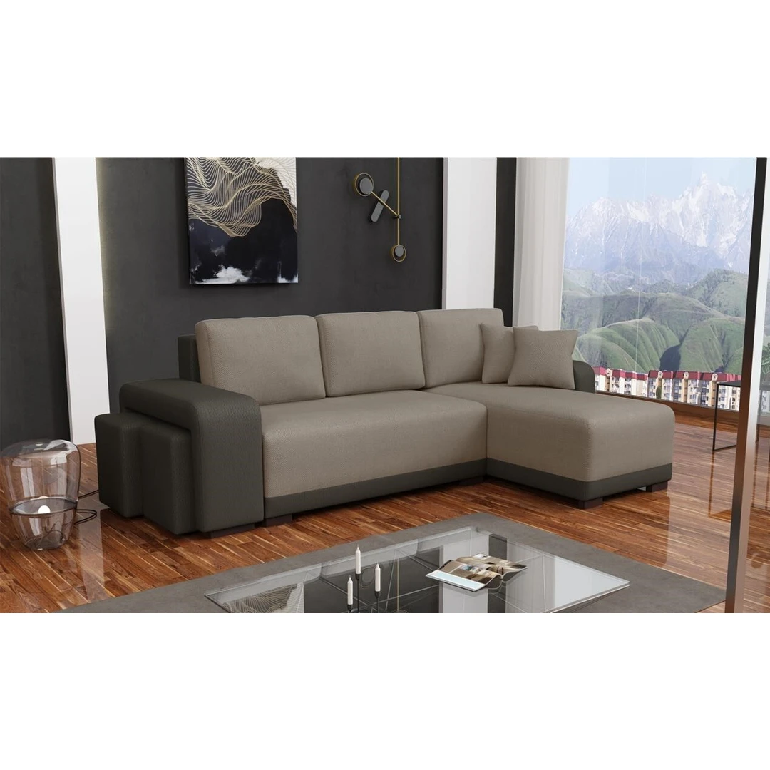 Skandinaviško stiliaus minkštasis kampas su pufais