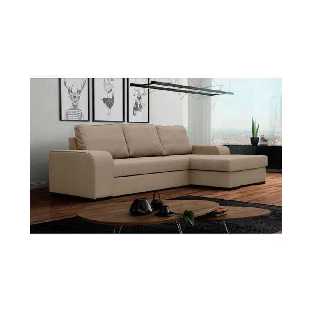 Kampinė sofa su miego funkcija ir patalynės konteineriu