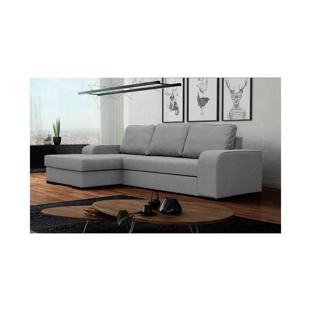 Kampinė sofa su miego funkcija ir patalynės konteineriu