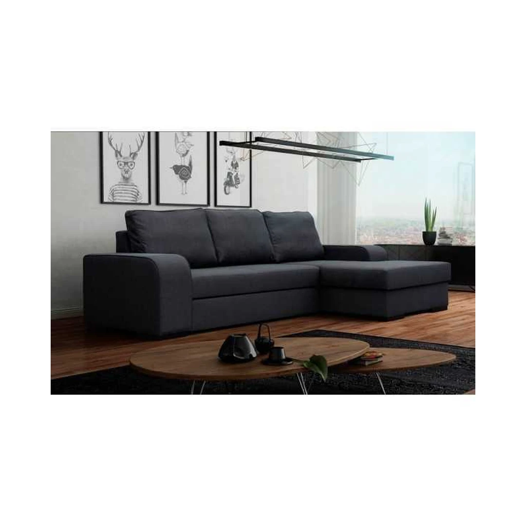 Kampinė sofa su miego funkcija ir patalynės konteineriu