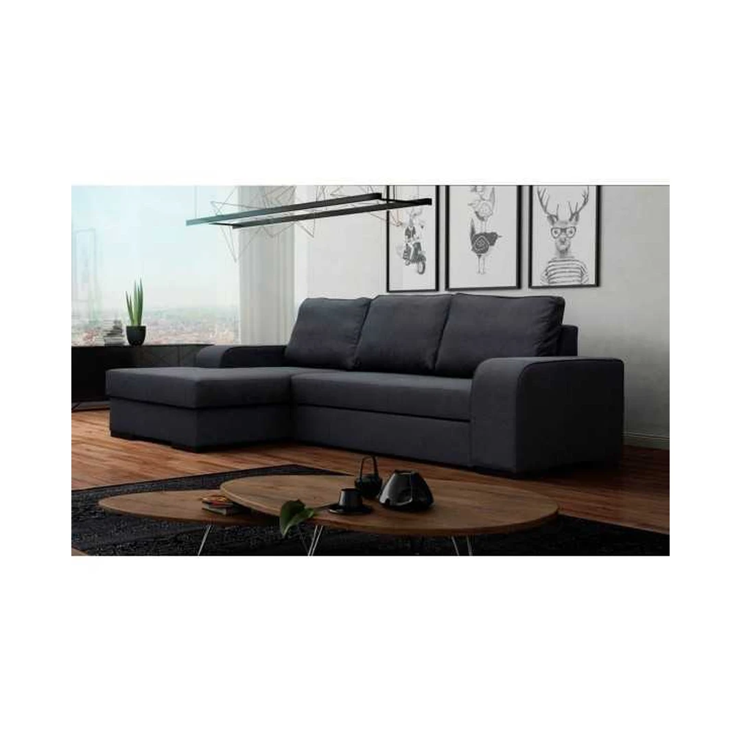 Kampinė sofa su miego funkcija ir konteineriu patalynei