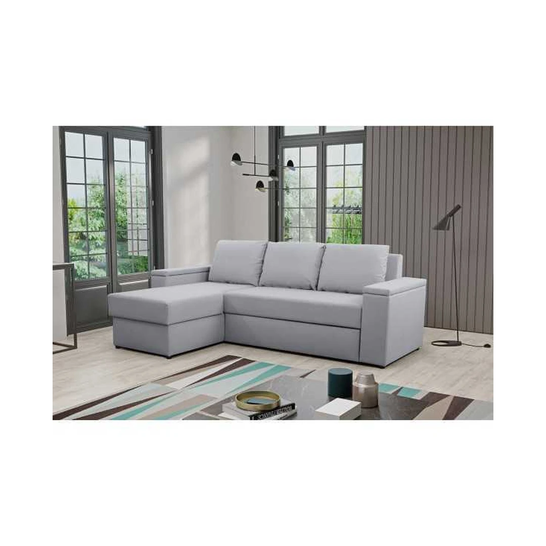 Ergonominė kampinė sofa su miego funkcija ir patalynės konteineriu