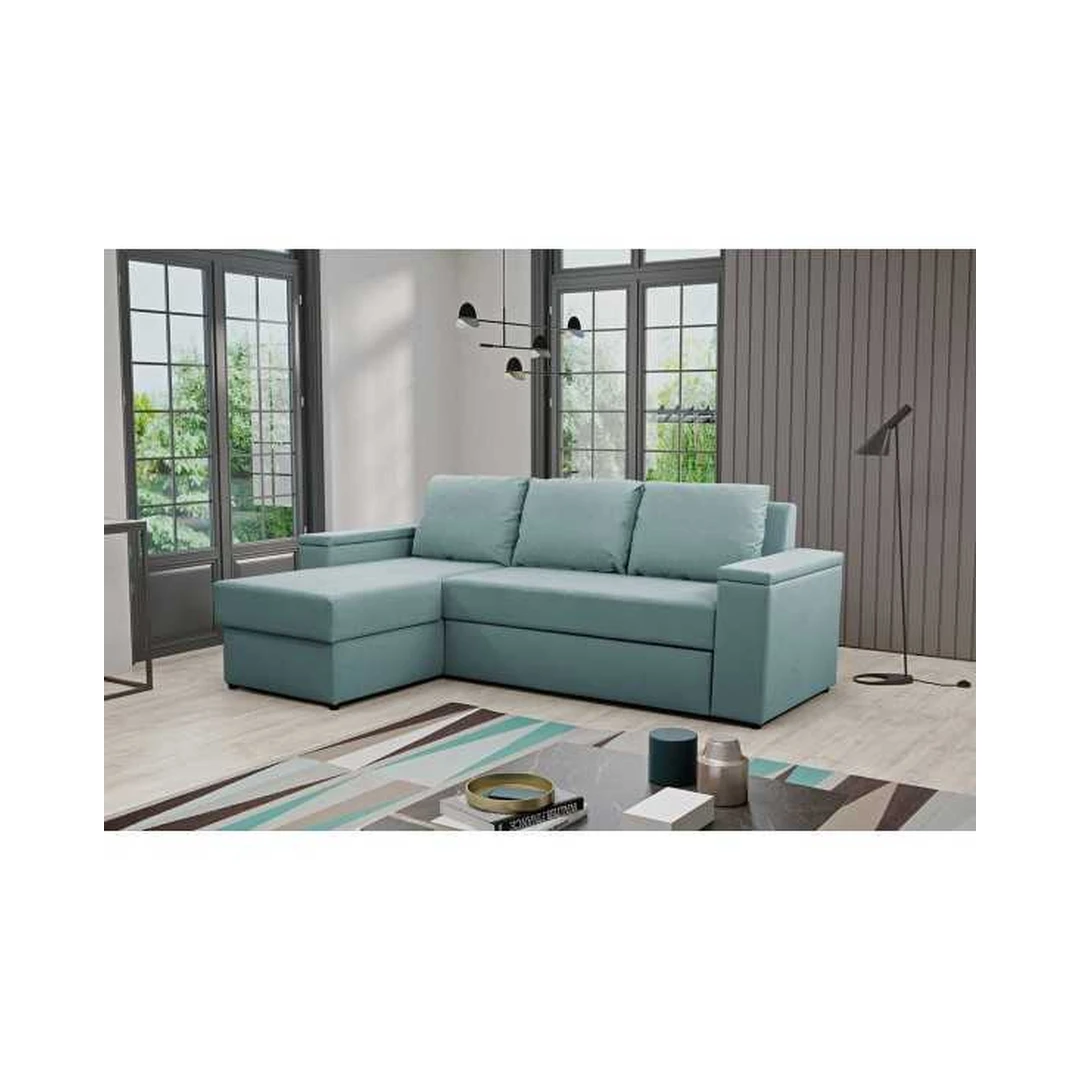 Ergonominė kampinė sofa su miego funkcija ir patogiu atlošu