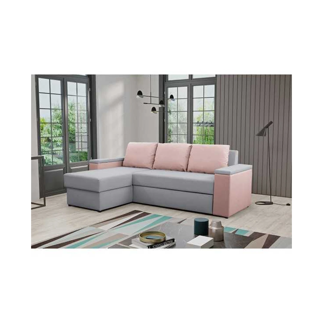 Ergonominė kampinė sofa su miego funkcija ir patalynės konteineriu