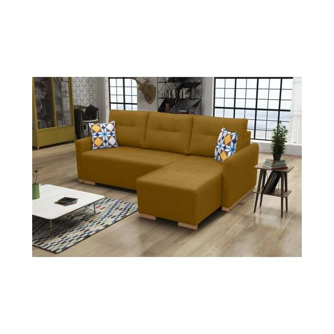 Kampinė sofos lova su miego funkcija ir patalynės konteineriu