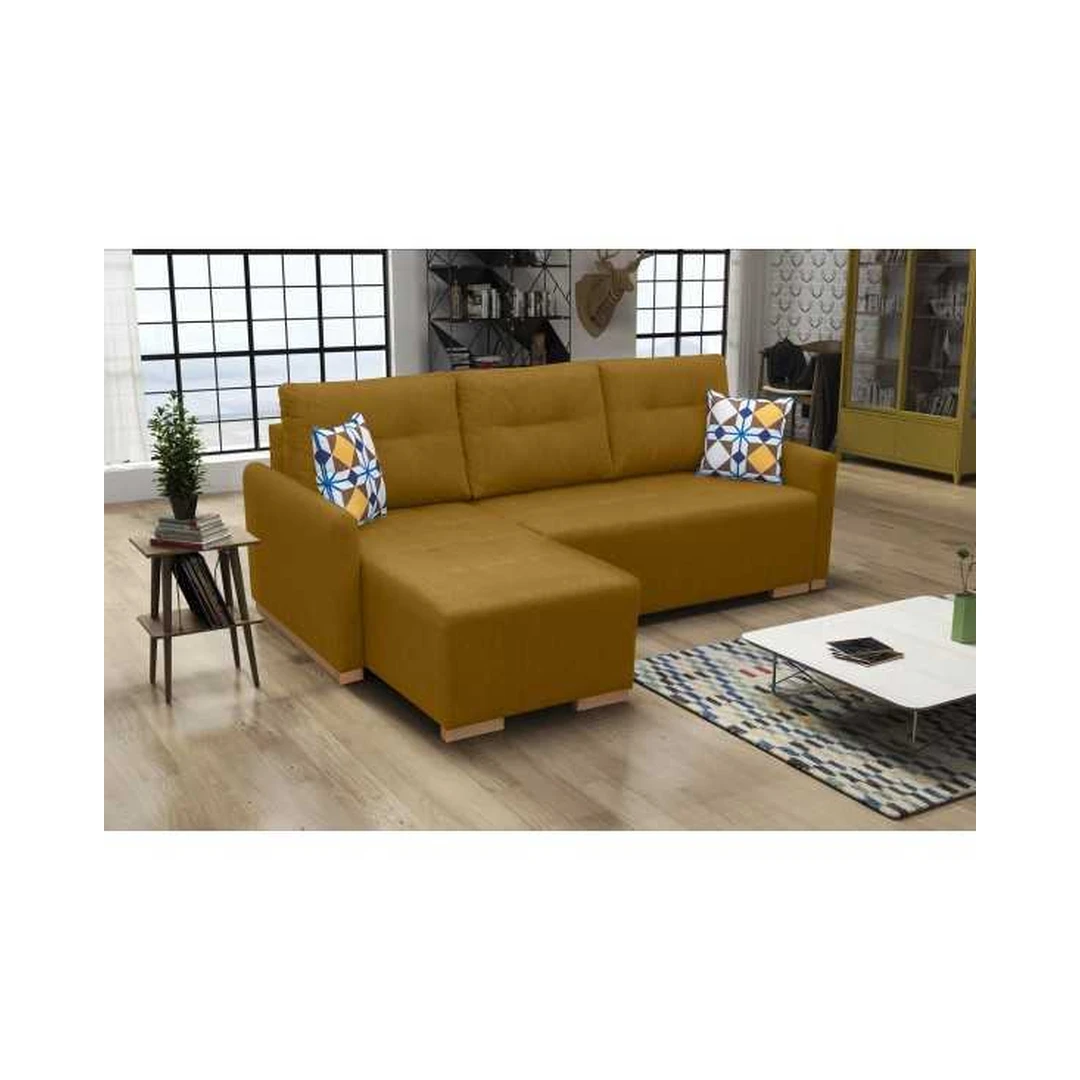 Kampinė sofos lova su miego funkcija ir mediniu rėmu