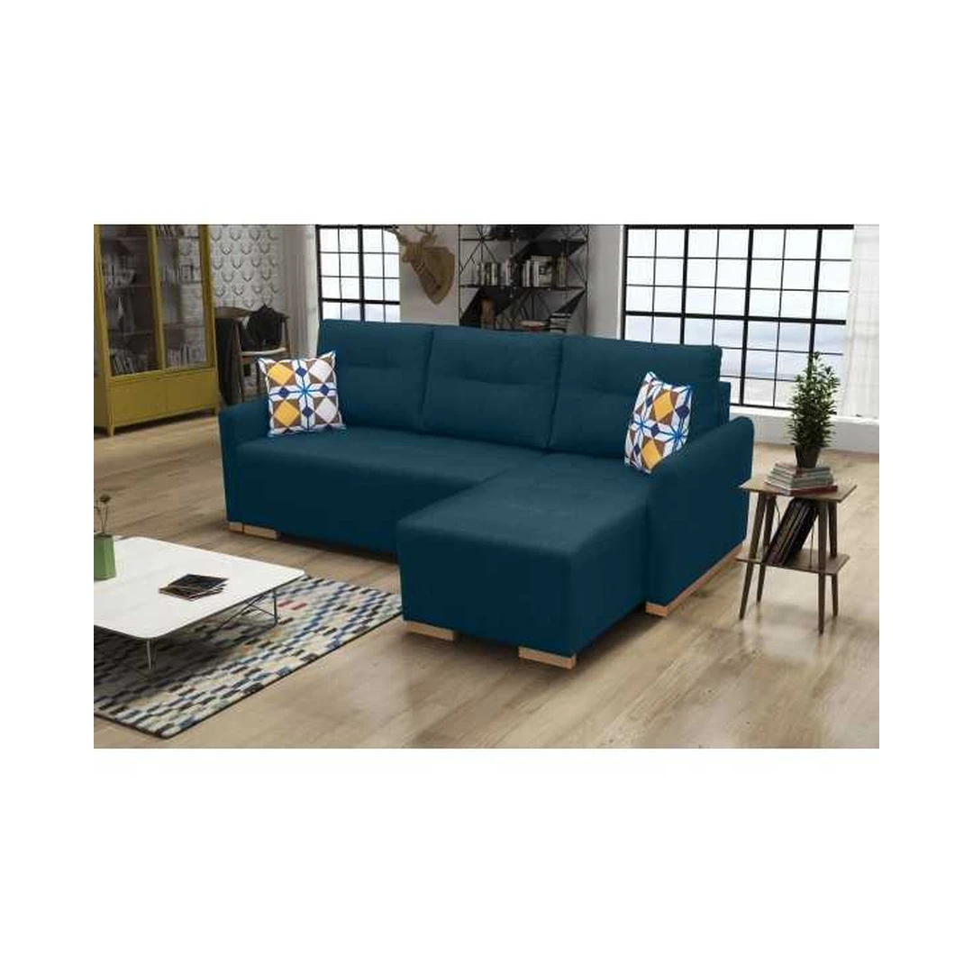 Kampinė sofa su miego funkcija, mediniu rėmu ir T30 putomis