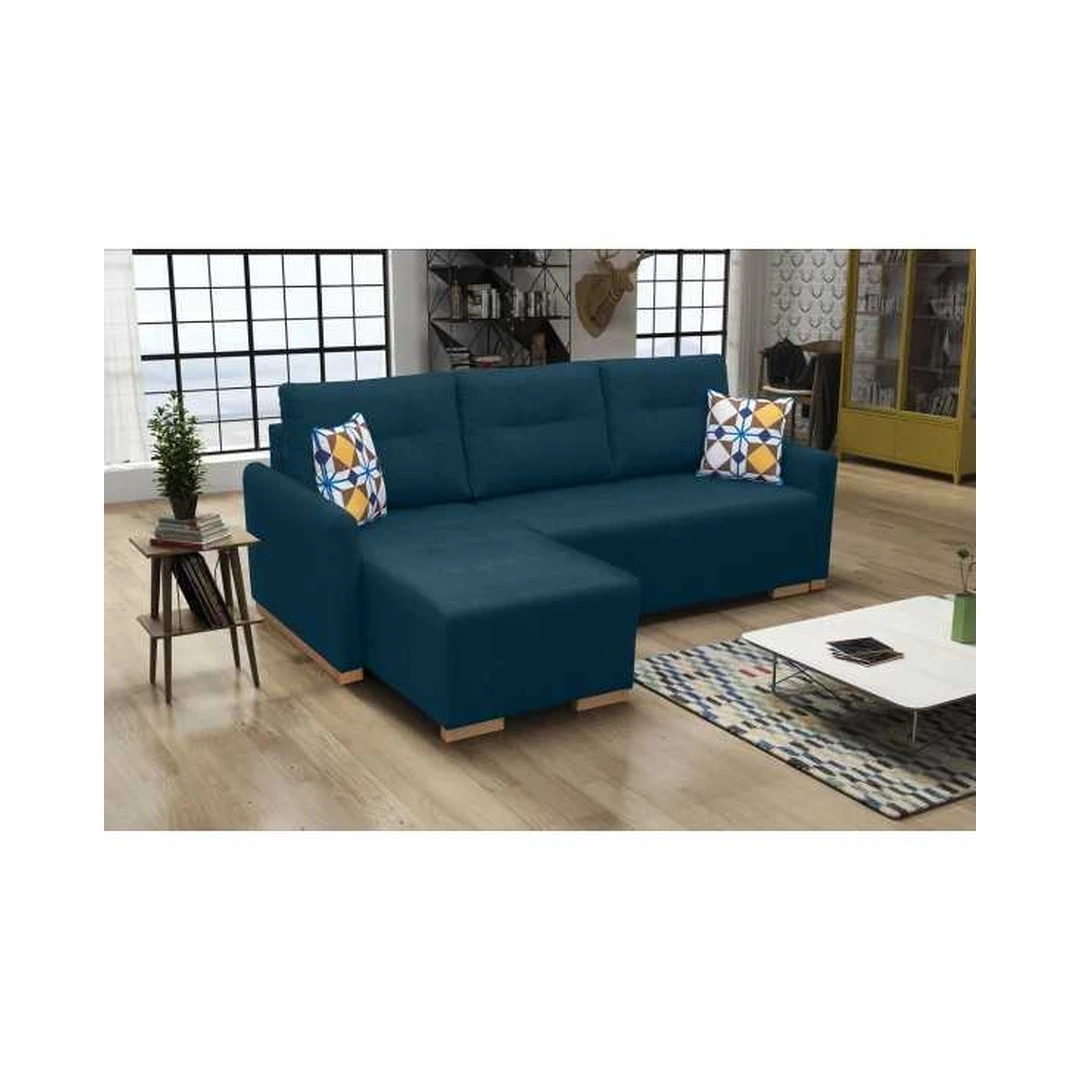 Kampinė sofos lova su miego funkcija ir patalynės konteineriu