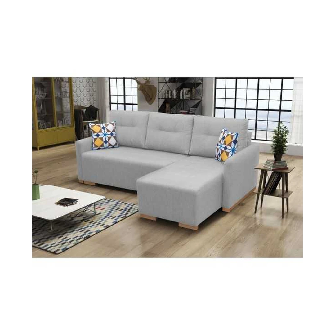 Kampinė sofos lova su miego funkcija ir patalynės konteineriu