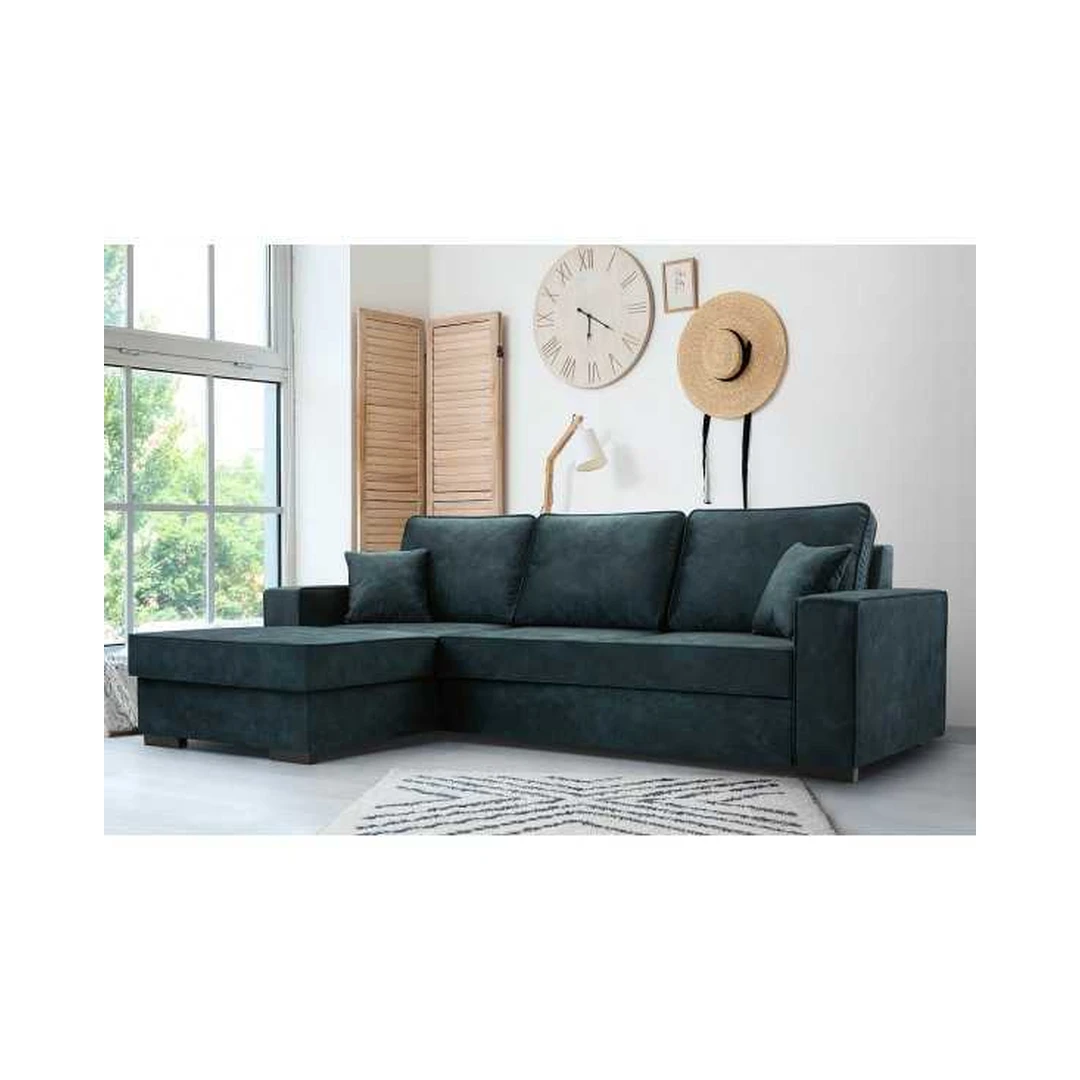 Kampinė sofos lova su miego funkcija ir patalynės konteineriu