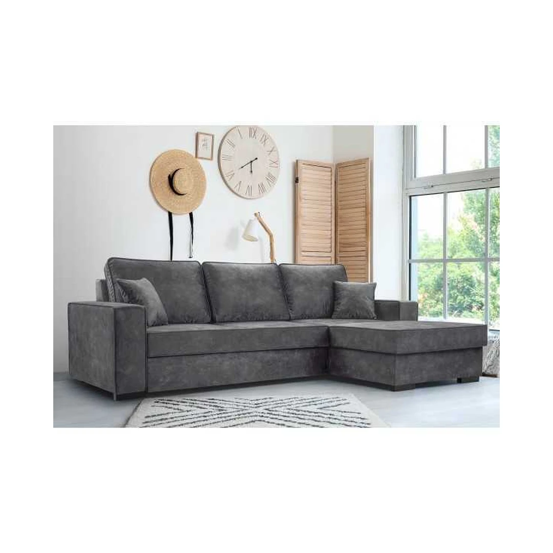 Kampinė sofa su miego funkcija ir patalynės konteineriu