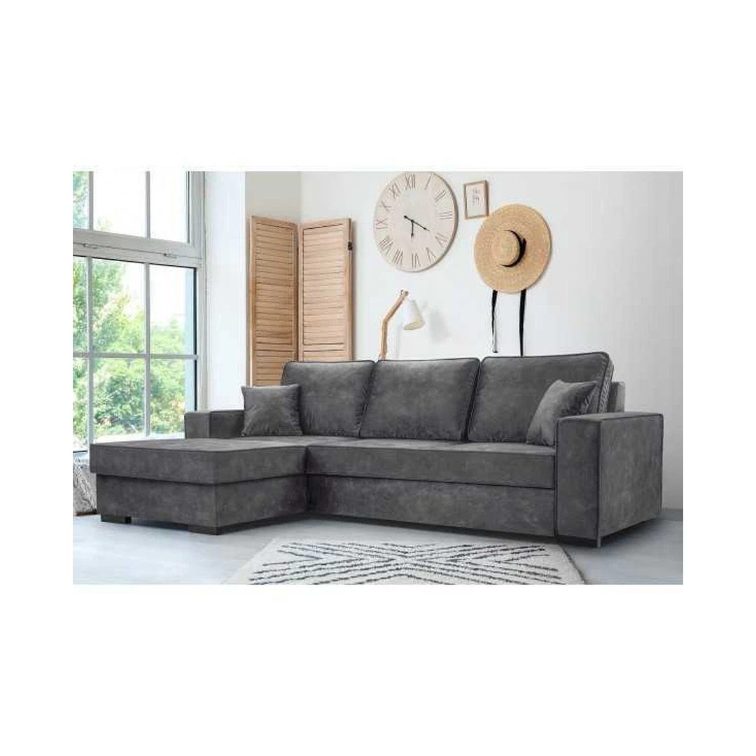 Kampinė sofos lova su miego funkcija ir patalynės konteineriu