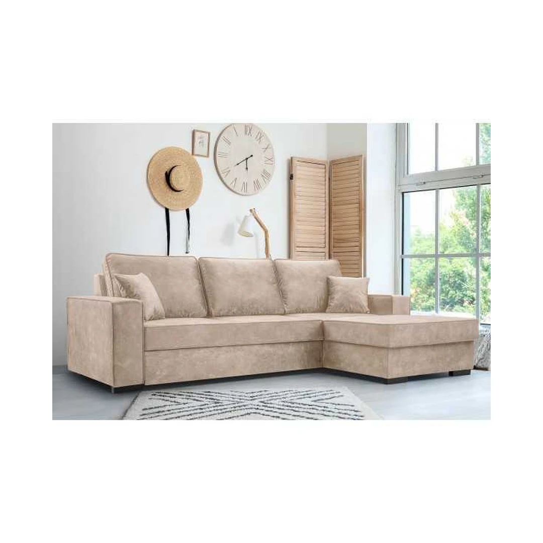 Kampinė sofos lova su miego funkcija ir patalynės konteineriu