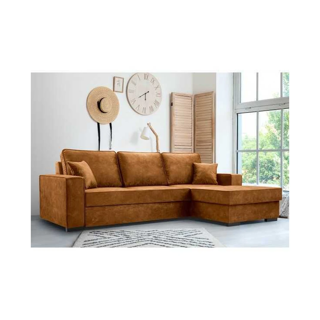 Kampinė sofos lova su miego funkcija ir patalynės konteineriu