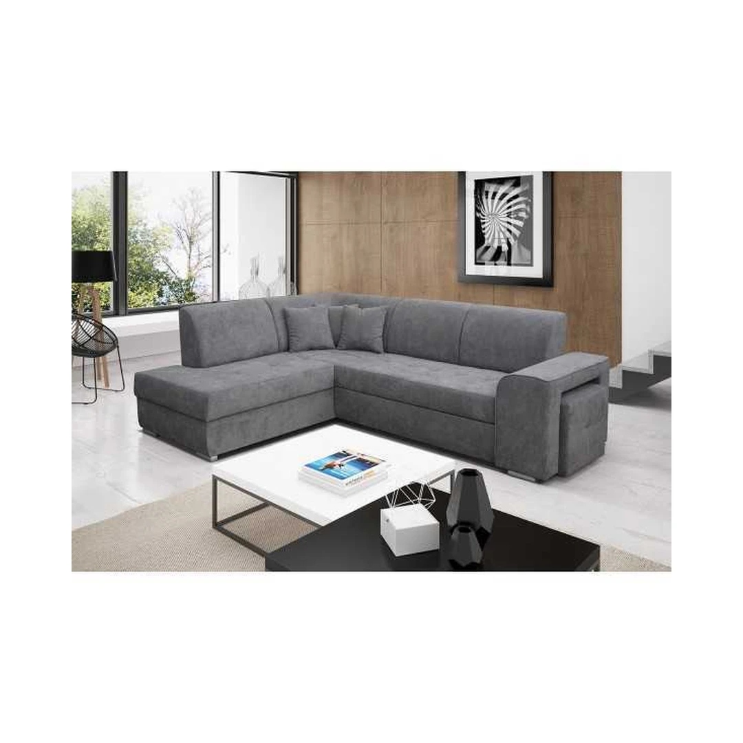 Kampinė sofos lova su miego funkcija ir pufu