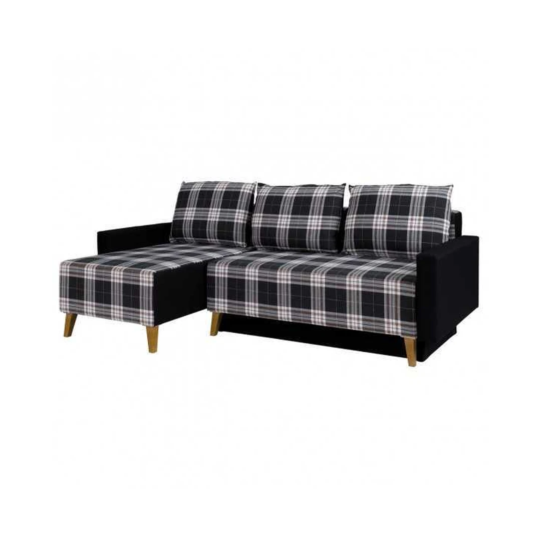 Ergonominė kampinė sofa su miego funkcija ir patalynės konteineriu