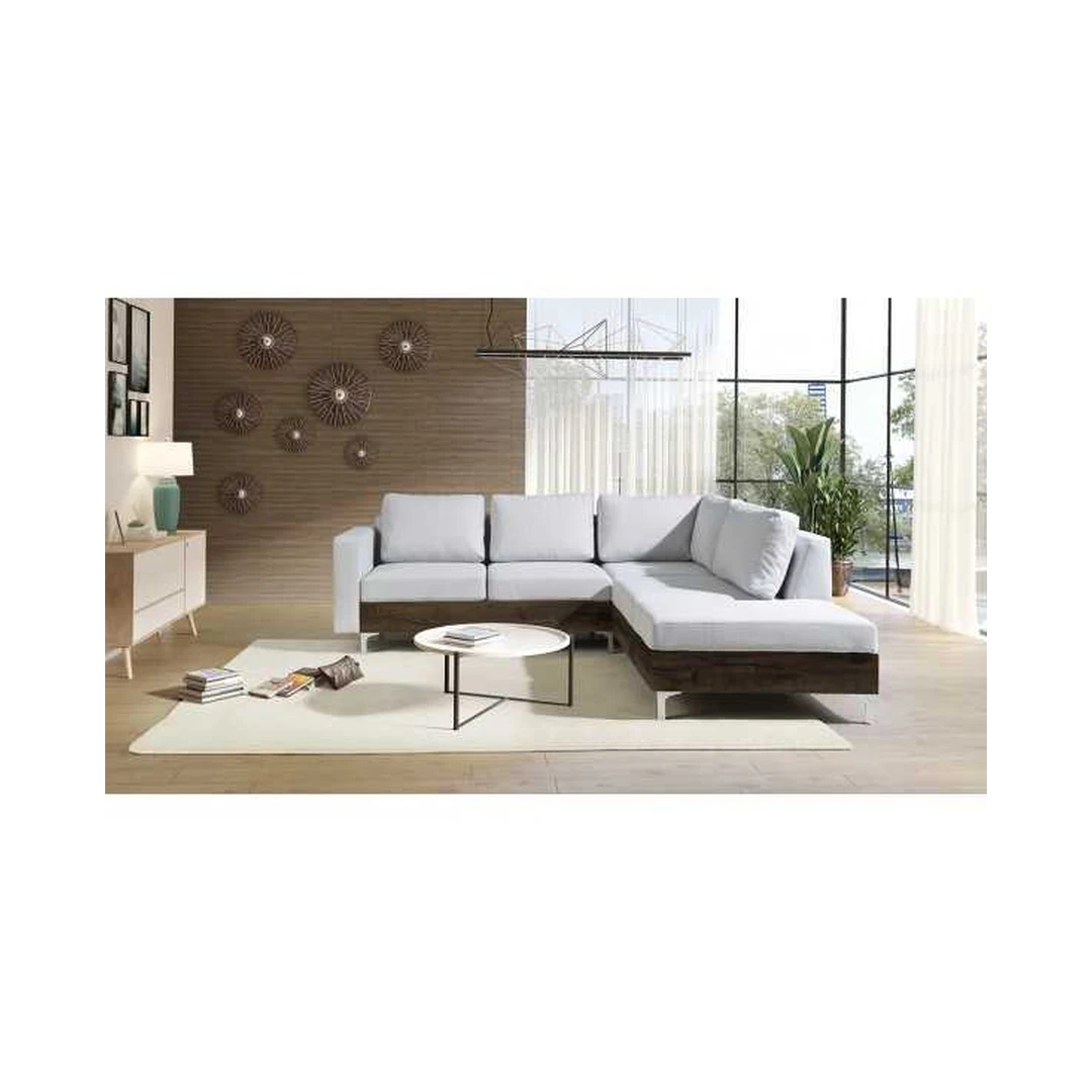 Kampinė sofė su avellino audiniu ir ąžuolo dekoro